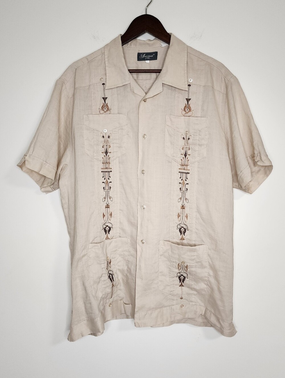 Successo Uomo By Phita Beige Embroidered Linen Short-Sleeve Guayabera Shirt Larg